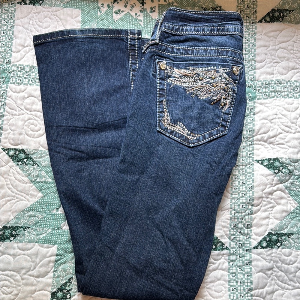 Miss Me Signature Blue Flare Wide Leg Jeans with Distressed Details